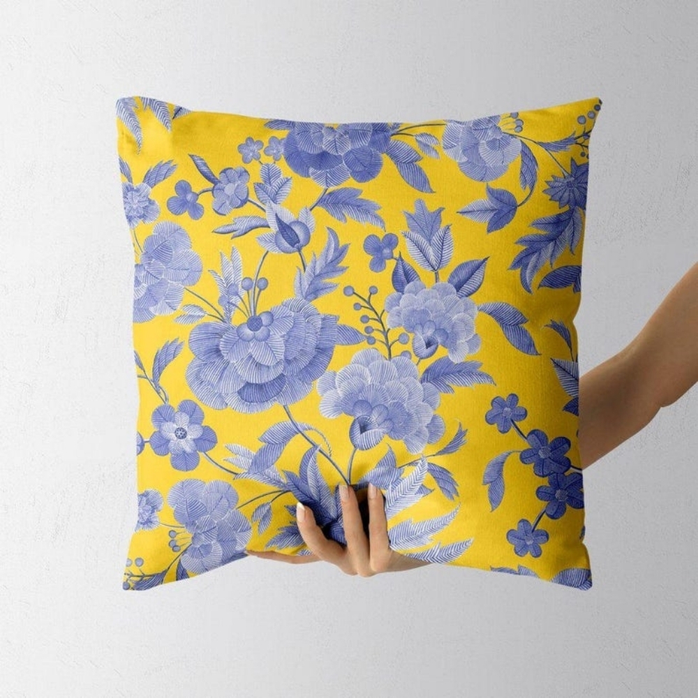 Floral Yellow and Blue Throw Pillow Cover